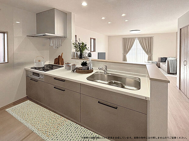 【3号棟キッチン　CG家具設置イメージ】
※画像に含まれる家具家電はCGで作成したイメージです。実際の物件には付帯しません。