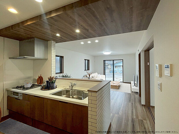 【3号棟　キッチン　CG家具設置イメージ】
※画像に含まれる家具家電はCGで作成したイメージです。実際の物件には付帯しません。