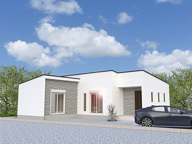 【1号棟外観完成予想図】白い外壁が青空に映える、すっきりとしたデザインの建物の完成予想図です!採光を考えた窓の配置で、室内もきっと明るい空間になりますね♪