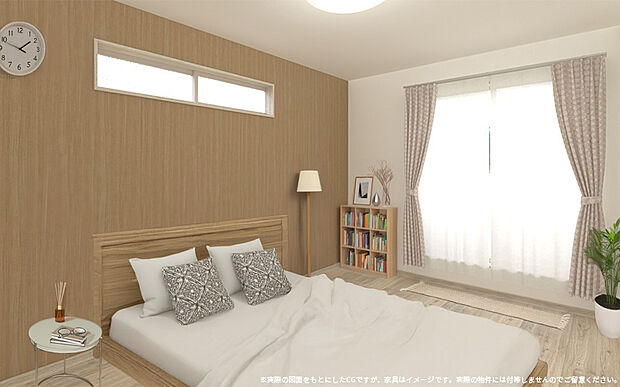 【1号棟　主寝室　内観パース】寝室は６.７帖の広さで、ベッドを置く十分なスペースがあります♪
またウォークインクローゼット付きで収納もラクラクです♪