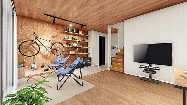 【【アウトドアを楽しむ家パッケージ　施工イメージ】】タイルの床にOSB合板の壁。耐久性の高い二種類の素材を組み合わせることで、遊び心のあるアクティブさを演出したリビング。
※画像はイメージです