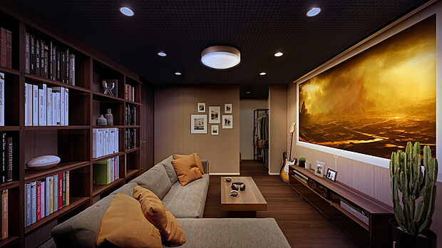 【【鑑賞に没頭する家パッケージ　施工イメージ】】聞きたい音だけ部屋中に響いて、見たい光しか入らない。
周りを気にせず映画鑑賞や読書に没頭できる、 シアタールームと大きな書棚のあるパッケージ。
※画像はイメージです