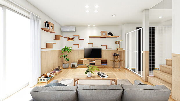 【【猫と暮らす家パッケージ　施工イメージ】】ずっと一緒には居られない時も、楽しく健やかに過ごしてくれたらいいな。
愛猫との暮らしに安心と充実をもたらす、ねこに優しいパッケージ。
※画像はイメージです