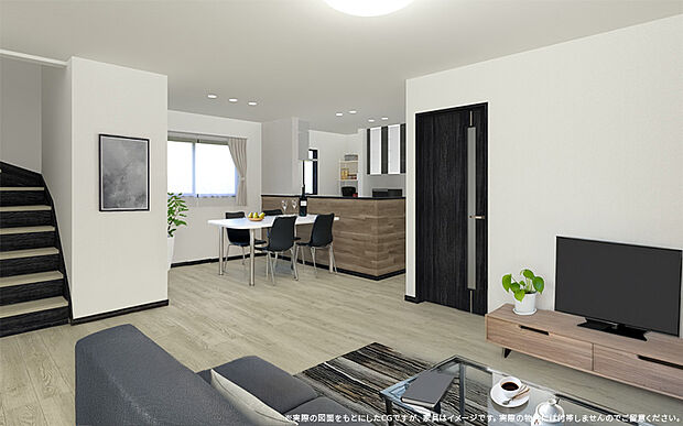 【【2号棟　LDKイメージパース】】17.9帖の広々としたリビング。
2階に上がる際には必ずリビングを通る設計で安心です♪
※パースは設計図面を基にした完成予想図です。