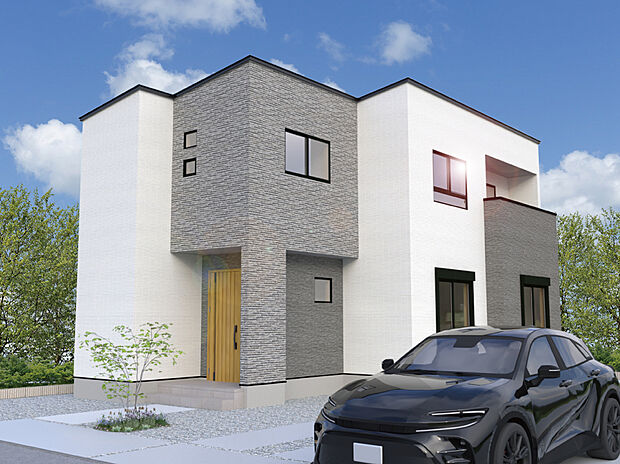 【【3号棟外観完成予想図】】落ち着いた色合いのモダンな外観デザインは、飽きがこず永く愛せる佇まいです！大きな車もゆったり停められる駐車スペースも確保！