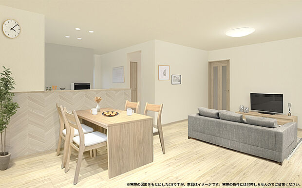 【【1号棟　内観完成予想図】】家族の会話が弾む対面キッチン♪リビング横には3帖のフリー収納スペースもあり、生活感を出さずにいつもスッキリ！