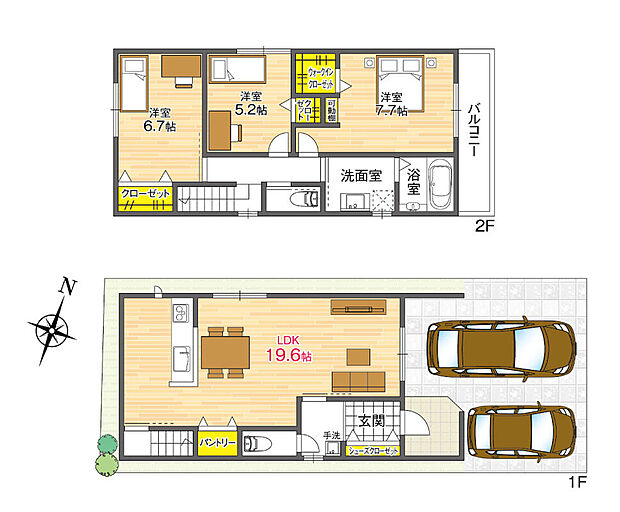 【1号地／参考プラン】
生活のメインスペースとなるLDKは、19帖超の広々空間。WICやパントリー、SCLなど、収納豊富な間取りです。並列2台分の駐車スペースを確保できます(車種による)。