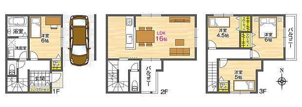 【建物プラン図】
2・3階にバルコニーを配置した、3階建て「4LDK」のプラン。床暖房付きのLDKは約16.0帖の広さで、対面式キッチンを採用。3面採光で明るく、ご家族でゆったりと寛げる空間です。