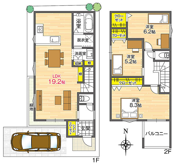 【【4号地/モデルハウスプラン】】LDKは広々約19.2帖。L字型の対面式キッチンを採用し、水回りを1階に集約しました。主寝室も約8.3帖とゆとりがあり、南向きバルコニーに面した陽当りの良い空間です。