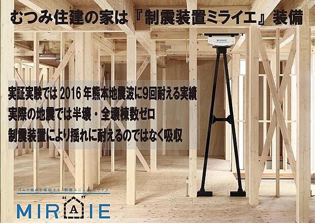 【むつみ住建の住まい】むつみ住建の住まいは、揺れに耐えるのではなく吸収・低減する、住友ゴム独自の制震装置「ミライエ」を標準装備。ご家族の大切な住まいを地震から守ります。