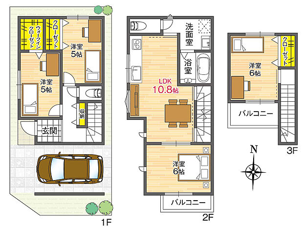 【【建築参考プラン】】建物価格 2080万円、建物面積 87.36m2。2階にLDKを設けた3階建て4LDKプラン。水回りを2階のワンフロアに集約し、家事動線に配慮しました。