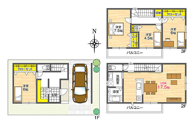 【【参考プラン】】プライバシーを保ちやすい2階リビング仕様。約17.5帖のLDKでゆったりと寛げます。全居室の南側に窓を配した、日中陽光が注ぐプランです。玄関にSICを設ければ綺麗な状態をキープしやすくなります♪