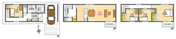 【【4号地/参考プラン】】2階、3階に南向きのバルコニーを設けた4LDKの住まい。2階LDKは約18.0帖。主寝室は約8.6帖とゆとりある空間です。建物価格 2180万円、建物面積104.49m2