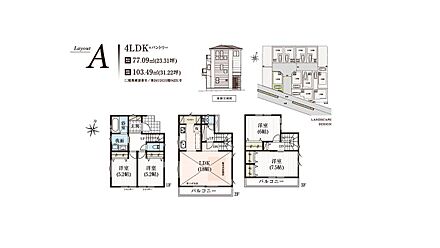 ■A号棟　４LDK＋パントリー
１階：洋室5.2帖　洋室5.2帖
2階：LDK18.0帖、パントリー
３階：洋室7.5帖　洋室6.0帖 
