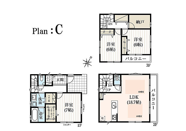 【３LDK】■C号棟　３LDK＋納戸＋WIC＋SIC＋リネン庫＋パントリー
収納豊富な間取り。納戸は書斎にもできそうですね。