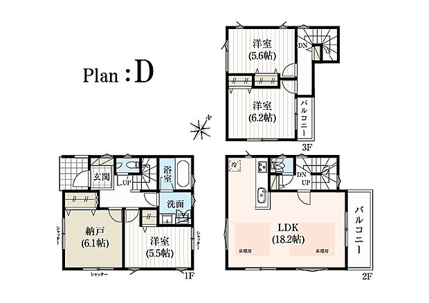 【３LDK】■D号棟　３LDK＋納戸
南西側カースペースにつき２面開けた開放感のある立地。