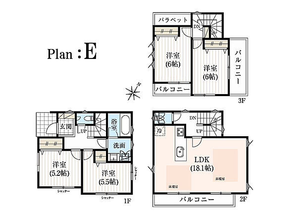 【４LDK】■E号棟　４LDK
建物南東側にカースペースを設け、３方開けた開放感のある立地を活かしたプラン。