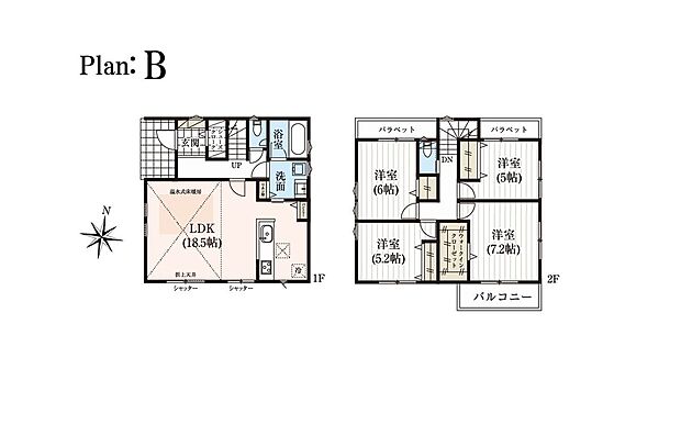 【4LDK】■B号棟 4LDK+WIC+SIC+パントリー
1階:LDK18.5帖 SIC リネン庫 パントリー
2階:洋室7.2帖+WIC 洋室6.0帖 洋室5.2帖 洋室5.0帖
*上記敷地面積には協定部分33.52m2含