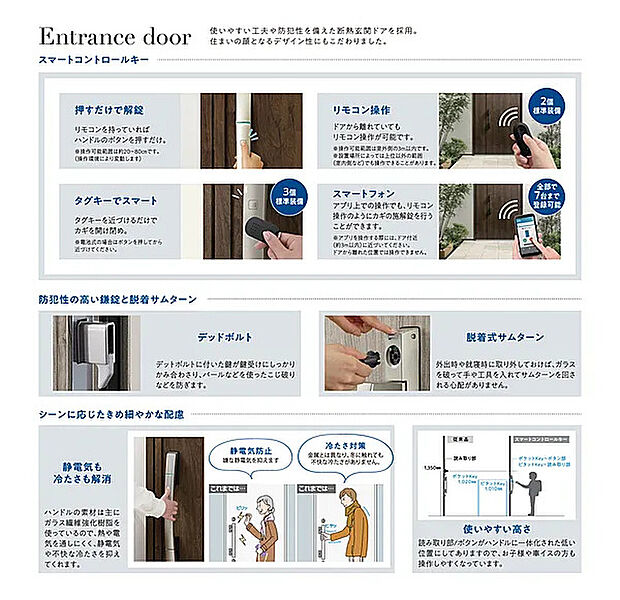 【【玄関ドア・スマートキー】】住まいの顔となる玄関ドアには、デザイン性と防犯性に優れた製品を採用しました。