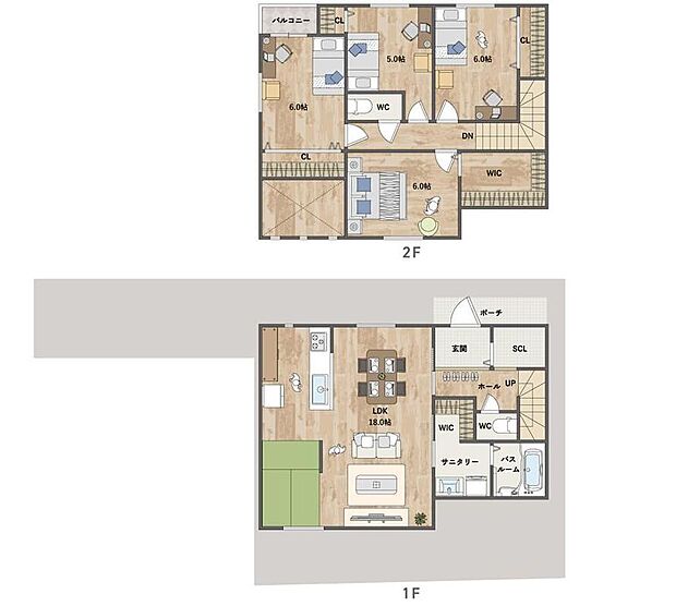 【5号地・参考プラン図】
5号地はプライバシー性の高い旗竿地◎玄関にはSCL、2階には大容量のWICを配置し、すっきりと暮らせる設計に。《建物面積100.44m2、建物価格1716万円》
