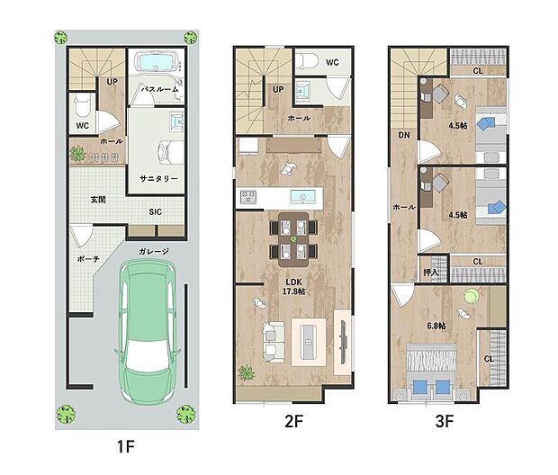【間取り図/1号地】
17帖超の2階LDKは3面採光。明るく開放的な空間で、ゆったりとお過ごしいただけます。玄関には広々としたSICを設置。各洋室にも収納を備えており、すっきり整う暮らしが叶います。