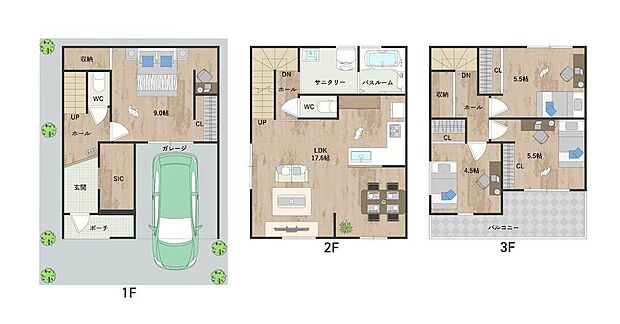【1号地・参考プラン図】
2階に水回りを集約した家事動線良好なプラン。1階の洋室は約9.0帖の広さがあり主寝室におすすめです。大容量のSIC付き。《建物面積104.49m2、建物価格1877万円》