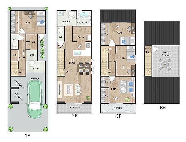 【3号地・参考プラン図】
ルーフバルコニー付きプラン。2階LDKは南向きバルコニーに面しており、たっぷりの陽光が差し込みます。パントリー、SIC有。《建物面積109.34m2、建物価格1964万円》