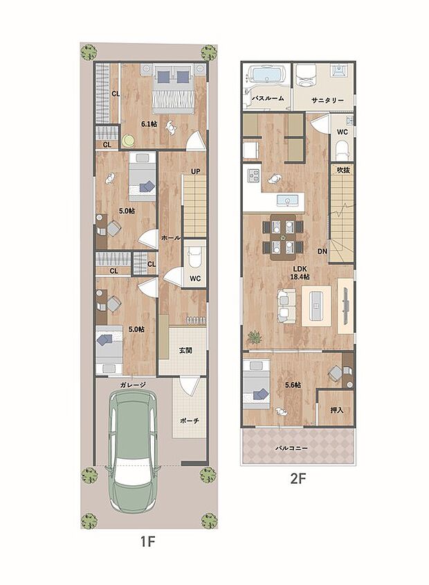 【1号地・参考プラン図】
LDK横の洋室との一体利用で、広々空間に◎2階に水回りを集約し、家事動線が良好です。陽当りの良い南向きバルコニー付き。《建物面積99.00m2、建物価格1778万円》