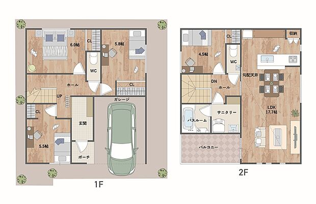 【間取り図】
2階建て、4LDKの住まい。17帖超の2階LDKは3面採光!勾配天井で明るく開放的な空間です。駐車1台可能(車種による)。