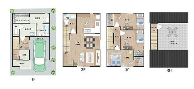 【3LDK】ゆったりとしたランドリールームと脱衣室が特徴のサニタリースペースを1階に配置。開放的なルーフバルコニーは多彩に活用可能です◎