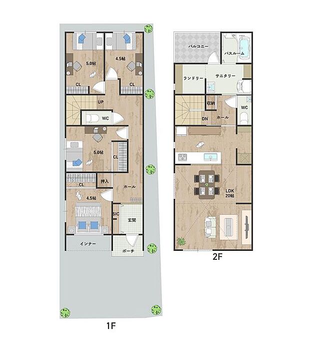 【4LDK+S】プライバシー性と採光に配慮した2階LDKは約20帖のゆとりある広さ。室内干しや家事室として使えるランドリースペースを設けたサニタリーからは直接バルコニーへ出入り可能。家事動線の良い設計です。