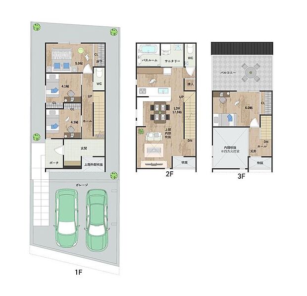 【4LDK】約17.8帖のLDKは、上部吹抜け仕様◎水回りを集約し、家事動線にも配慮しました。3階約6.0帖から出入り可能なバルコニーは、ゆとりある広さにつきリラックススペースとしても活用可能です。