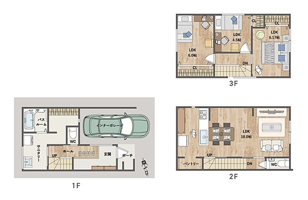 【3LDK】2階LDKは約18帖のゆとりある広さがあり、ご家族でゆっくりとくつろいでいただけます。各洋室のクローゼット、パントリー、1階収納等、豊富な収納があり、すっきりとした暮らしが叶います。