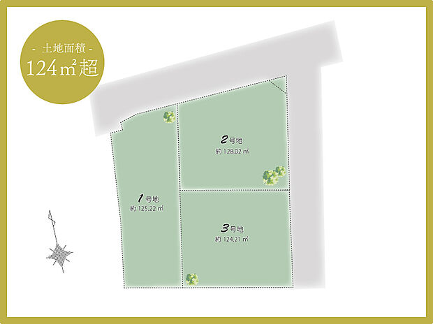 【全体区画図】
駅前の賑わいから一歩離れた一種低層エリアの静かな住宅街。落ち着いた街並みが魅力の「曽根エリア」に全3区画の街が誕生します！