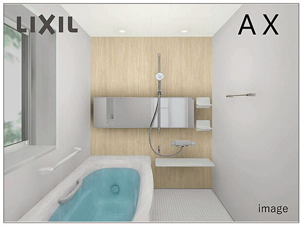 【LIXILシステムバス「AX」】バックガードがミラー下まであり、洗面ボウルと一体成形になった「キレイアップカウンター」。つなぎ目などの凹凸がなく、汚れもサッとひと拭き!上から水がでる「キレイアップ水栓」は、水栓まわりに水がたまらないので拭き掃除の手間がほとんどありません!