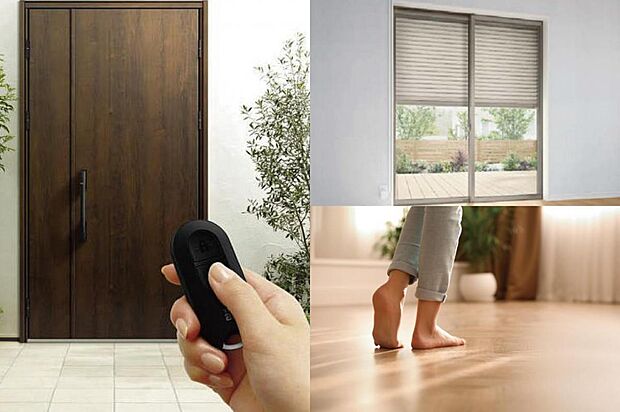 【採用される仕様設備】乾燥しにくいのもメリットで床全体が均一に暖められる床暖房。玄関ドアや電動シャッターなどは毎日をさりげなく快適にします。