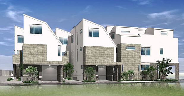 建物完成予想パース/街並みと調和する上品で洗練された外観デザイン、全棟駐車スペース有り、EV用外部コンセント・宅配ボックス付きです。