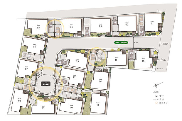 【明るく開放的な街並み】
5.5mのゆとりある街区内道路が、街並みに明るい陽だまりの風景を取り込みます。不要な車の通り抜けを防ぐことで住人の安全性を守りながら、街全体のコミュニティを形成します。