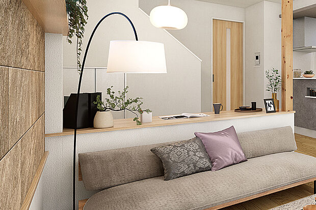 【STAGE LIVING】
リビングから一段上がった空間はお子様が遊んだり、家族とのコミュニケーションを深めたりする場に大活躍。在宅ワークスペースとしても最適です。※号棟により採用状況が異なります。