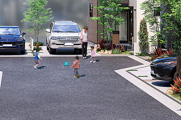 【【コミュニティを育む転回道路】】通り抜けができない安全性の高さと心地よい広がりを生み出す転回道路。住民同士がコミュニケーションを育める場としても活躍します。