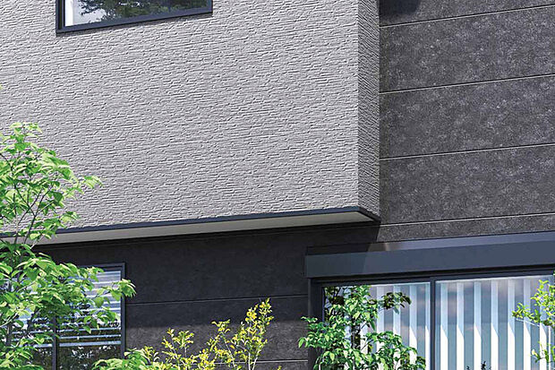 【【質感の異なる外壁を組み合わせ、美しいコントラストを演出】】重厚感のある外壁と木目の美しい外壁を組み合わせ、建物に上質な意匠性を持たせました。モダンでありながら、温もりを感じる表情をつくります。