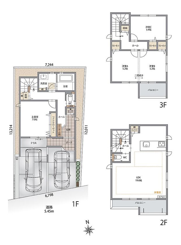 【4LDK+SC・Pantry】主寝室にはワイドな大容量クローゼットを配置。
※建物面積は、ポーチ1.81m2含む