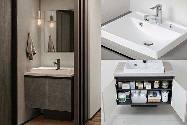 【【独立型洗面台】】サニタリーには永大の『アクアージュsai』を採用。シンプルでスッキリとしたデザインと、スタイリッシュな「フロースタイル」でありながら充実の収納プランを備えた造作風ベッセル洗面化粧台。