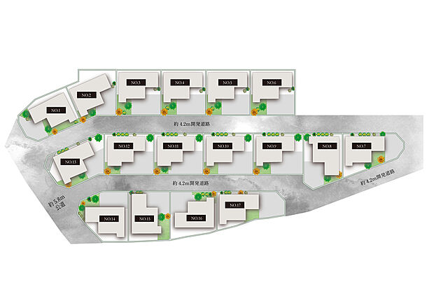 【【植栽計画区画図】】街区全体で統一感のある景観を形成。四季折々の表情を楽しめる植栽が街並みに彩りを添え、住まうほどに季節の移ろいを身近に感じられる、分譲地ならではの心地よい住環境を演出しています。