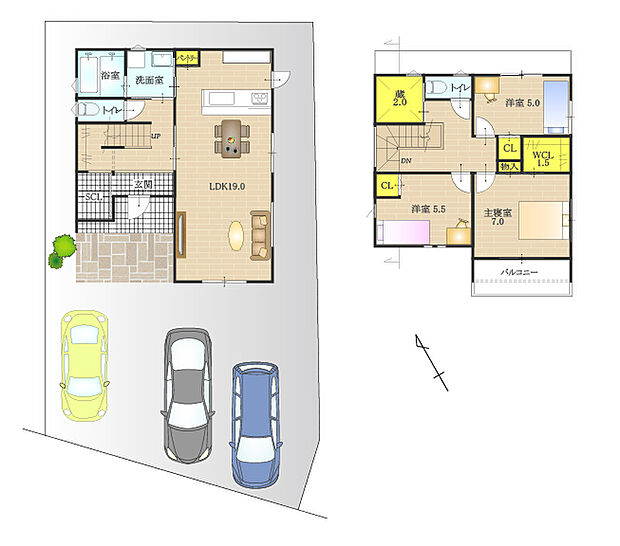 対面式キッチンで家事をしながらも家族に目が届く広々19帖LDK!
水廻りをまとめて、2wayの洗面室を中心に1階を回遊できる家事ラク間取り。収納も充実しています!