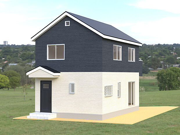 【［完成予想パース］No.1】シンプルで飽きのこないツートンカラー、玄関の三角屋根がおしゃれなデザイン♪