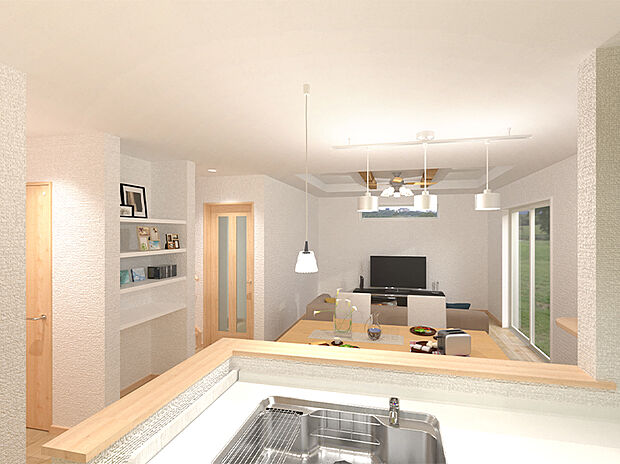 【【No.3:LDK予想パース】】対面式キッチンなので、リビングにいる家族、お庭で遊ぶお子様の様子を見ながら作業ができる安心感。ゆとりある広さで、夫婦やお子様と並んでの料理時間も楽しめます。