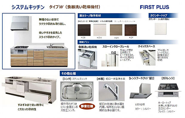 ■システムキッチン仕様　家事をバックアップする食器洗い乾燥機やコンパクトで便利な浄水器一体型水栓をはじめ、ディテールまで工夫が施されたシステムキッチンです。