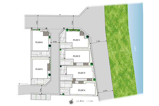 【爽やかな自然と開放感を享受できる配棟計画】
元荒川桜堤まで徒歩4分、東側には道幅の広い道路が通るなど開放感に恵まれた立地。全6邸が面する分譲地内道路は、車が通らない際は街のコミュニティになります。