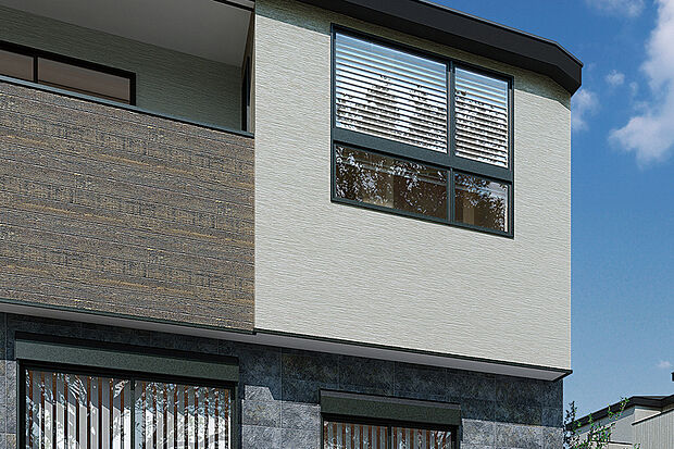 【【窓デザイン】】シャープな造形やコントラストが目を惹く色彩をまとった外観デザインに、明るさと開放感を採り込む開口部をデザインしています。洗練された街並みを惹きたて彩ります。